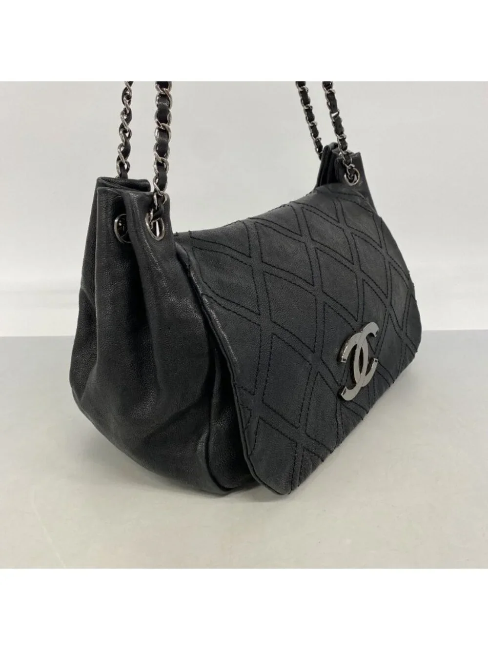 Chanel Shoulder Bag Jumbo CC Logo Leather Black Silver